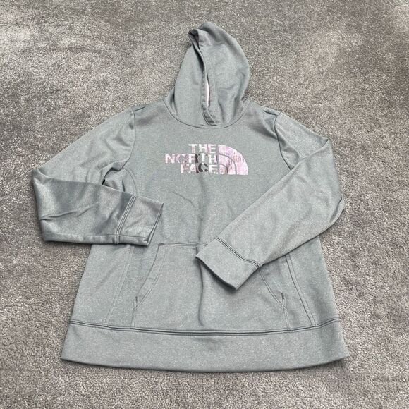 The North Face Hoodie Sweatshirt Girls XL Gray Pink Pockets Graphic Pullover - Picture 1 of 12